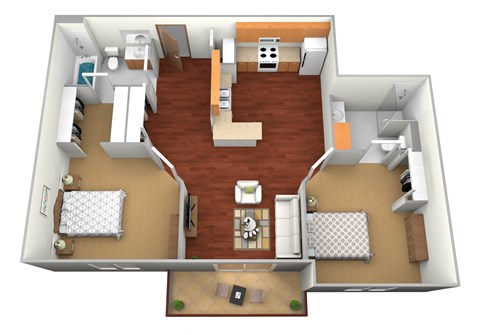 Floor plan for 2 beds, 2 baths, 937 sqft